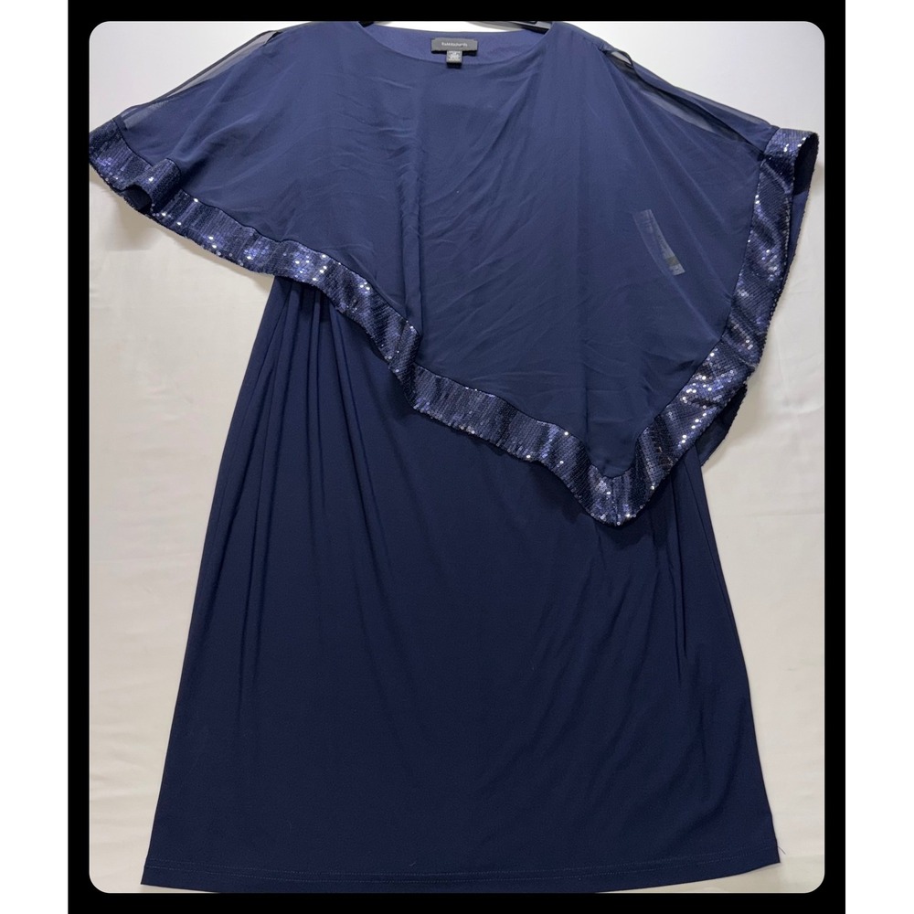 R&M Richards Sheath Dress Womens 14 Navy Sequin Trim Chiffon Overlay Evening